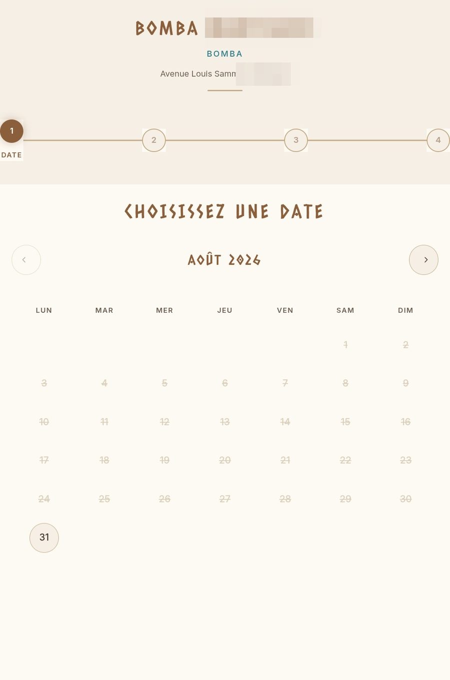 Page de réservation en ligne aux couleurs du restaurant Bomba