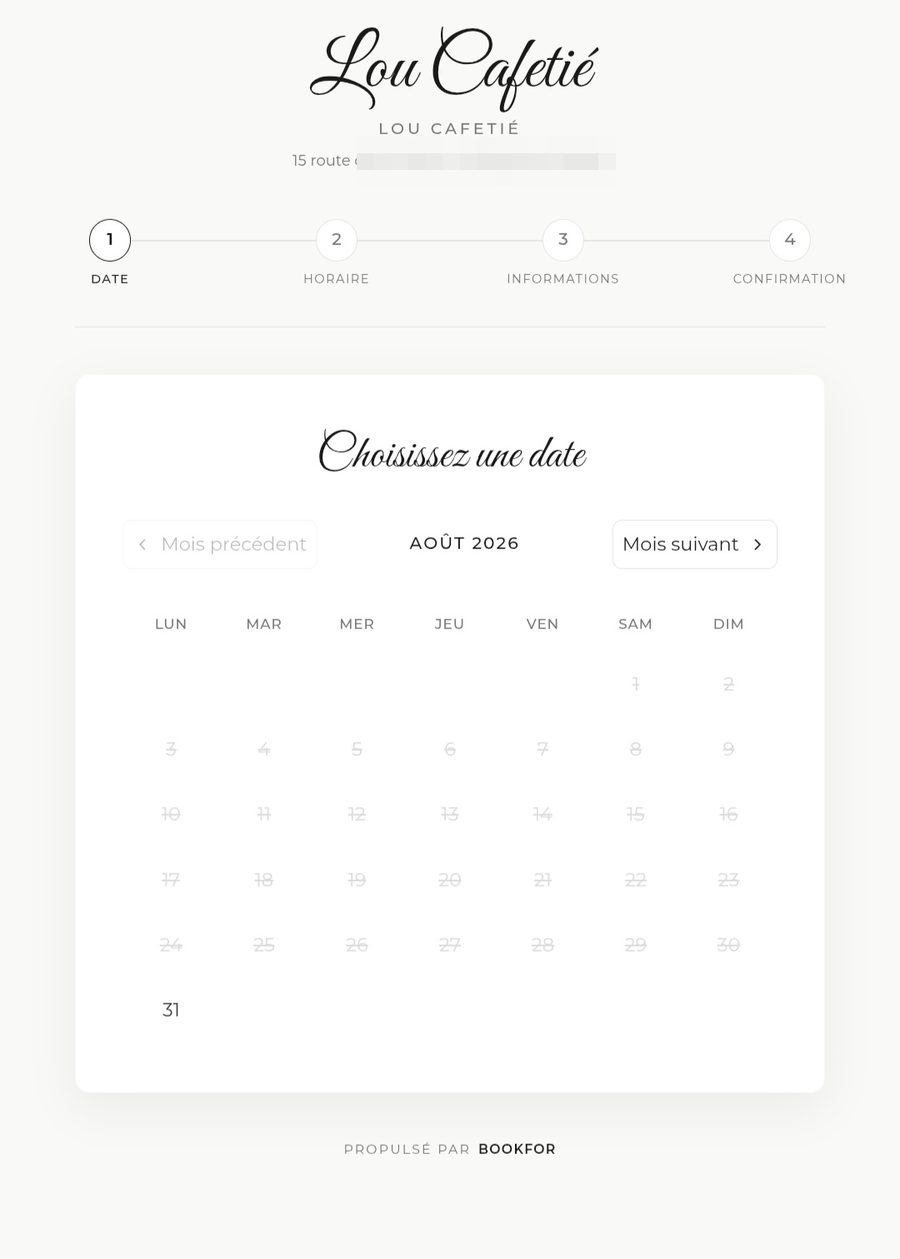 Page de réservation en ligne aux couleurs du restaurant Lou Cafetié