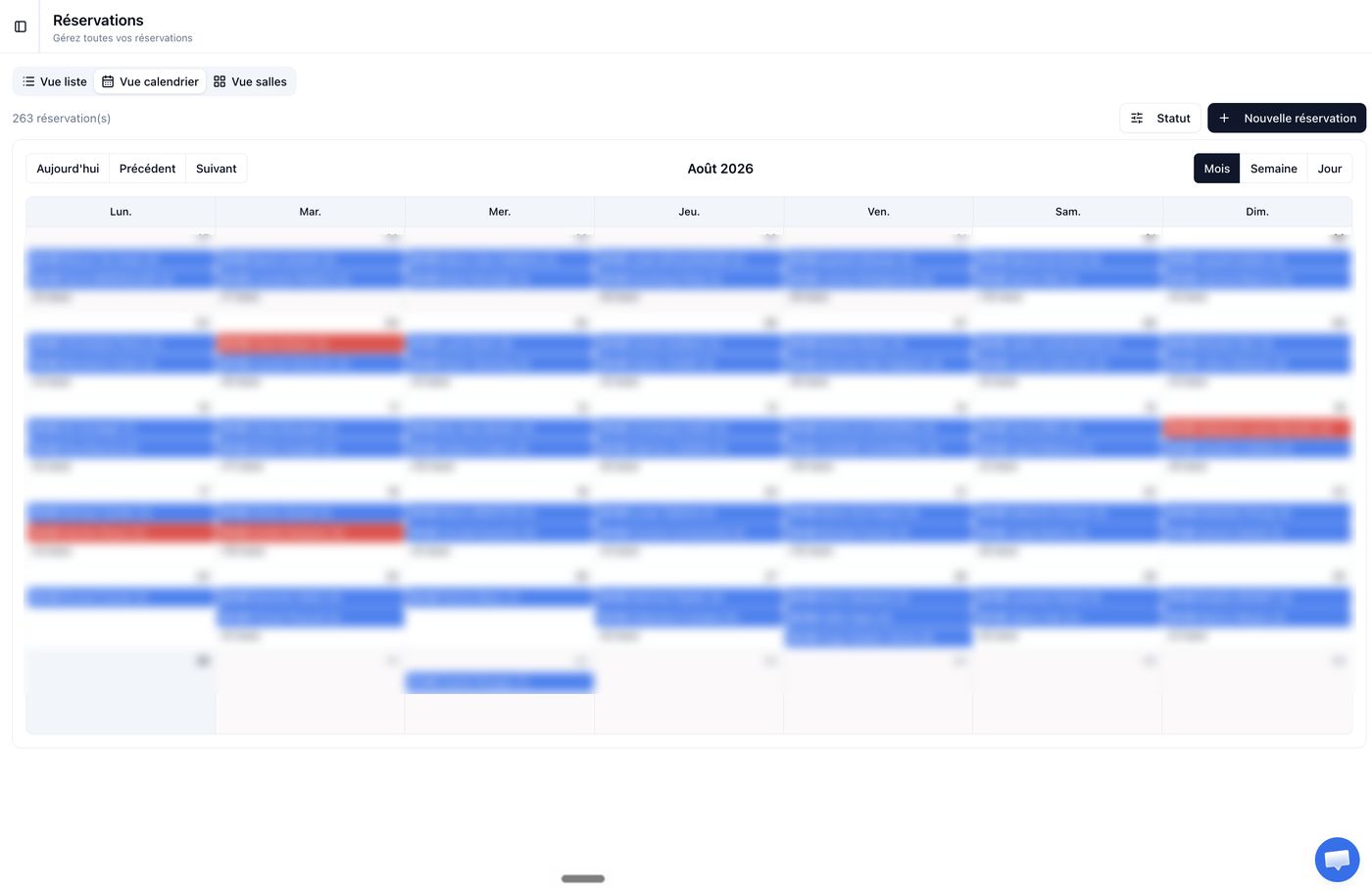 Vue calendrier des réservations dans le logiciel Bookfor