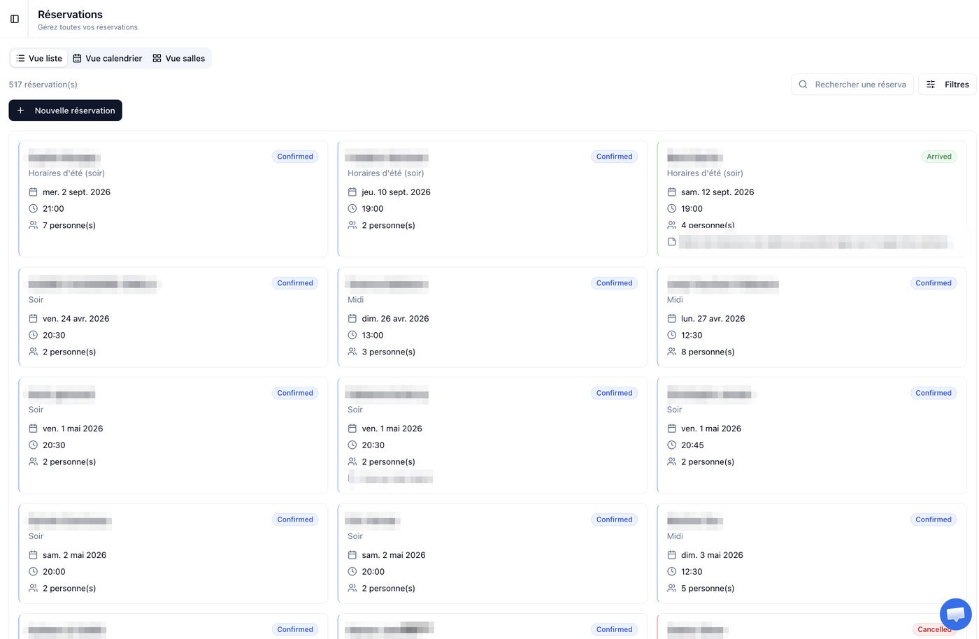 Vue liste des réservations dans le logiciel Bookfor